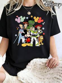Women's Casual Disney Toy Story & Mickey Mouse Print Black Cotton T-Shirt, Short Sleeve Round Neck Regular Fit Top, Slight Stretch Fabric - Black - View 1
