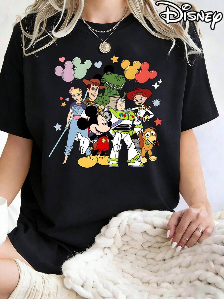 Women's Casual Disney Toy Story & Mickey Mouse Print Black Cotton T-Shirt, Short Sleeve Round Neck Regular Fit Top, Slight Stretch Fabric - Black - View 1