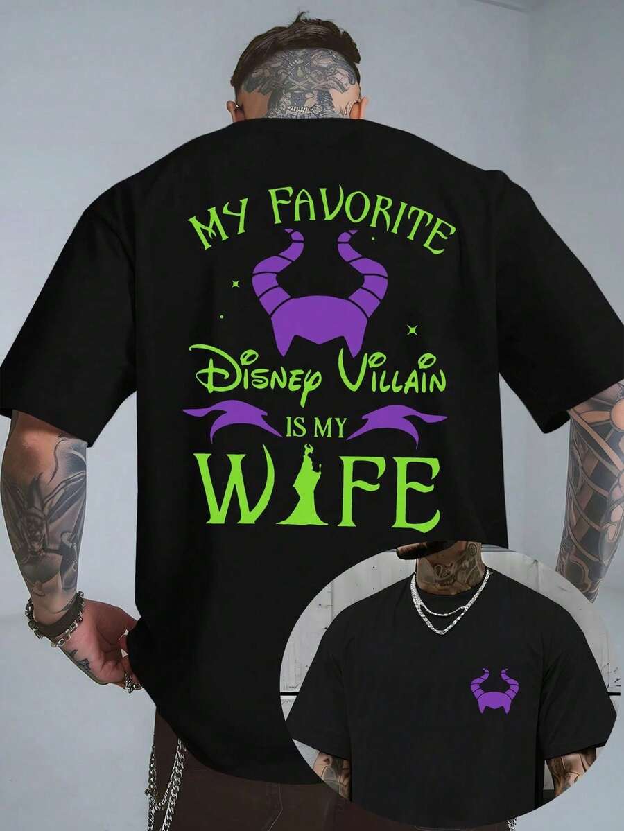 Disney Official Licensed Disney Villain "My Favorite Disney Villain Is My Wife" Double-Sided Graphic T Shirts 100 Percent Cotton Disney Shirt 220g Unisex - 黑色 - 查看 1