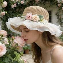 Flower Sun Hats For Women's Fashionable Mesh Wide Brim Sun Straw Beach Caps For Outdoor Vacation - Khaki - View 5
