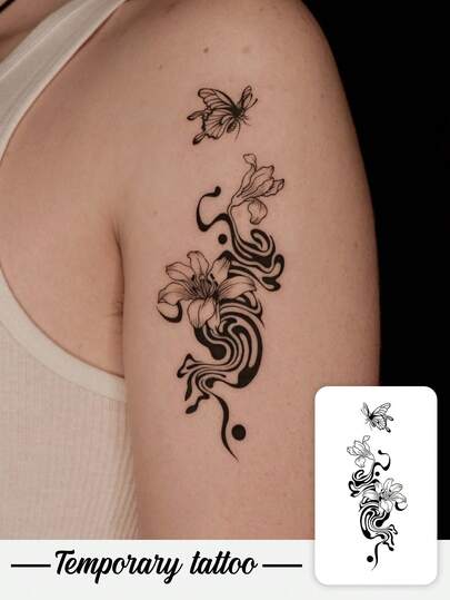 One Temporary Tattoo Sticker, Y2K Style Ink Flower And Butterfly Design, Waterproof, Sweatproof, Washable, Non-Reflective, Suitable For Arm And Shoulder Tattoos, Realistic Tattoo, Suitable For And Fashionable People, Lasts 3-5 Days.