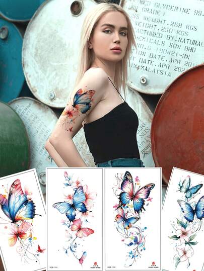 4款蝴蝶彩色艺术设计性感手臂、腿部、身体纹身贴纸，适合女性，精美蝴蝶纹身贴纸，防水贴纸，适合女性身体艺术，婚礼派对、海滩、夏季夜店纹身贴纸