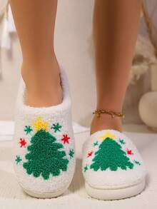 Christmas Fuzzy Slippers For Women Men - Reindeer/Christmas Tree Embroidered Teddy Fleece Closed-Toe Slippers, Warm Non-Slip Home Shoes For Winter Holiday - Hijau - View 3