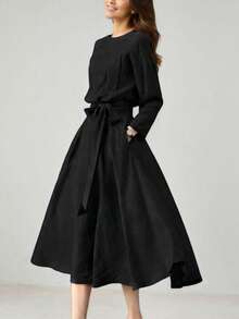 Đầm dài màu trơn dành cho nữ, kiểu dáng thường ngày, có túi và thắt eo, phù hợp cho đám cưới, mùa xuân, thanh lịch, màu đen. - màu đen - Xem 3