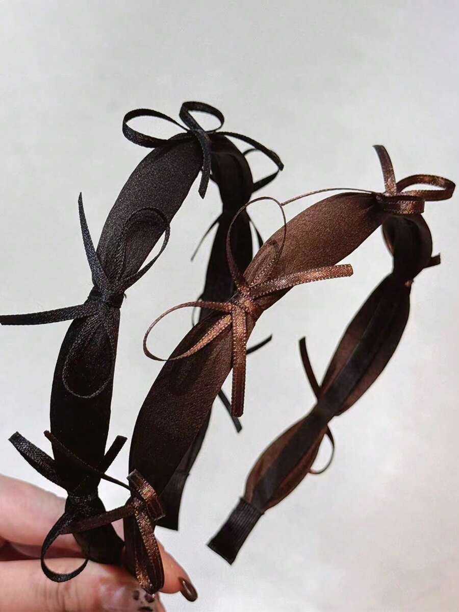 1件棕黑色细丝带蝴蝶结发箍，优雅法式发饰，涤纶纤维 - 棕色 - 查看 1