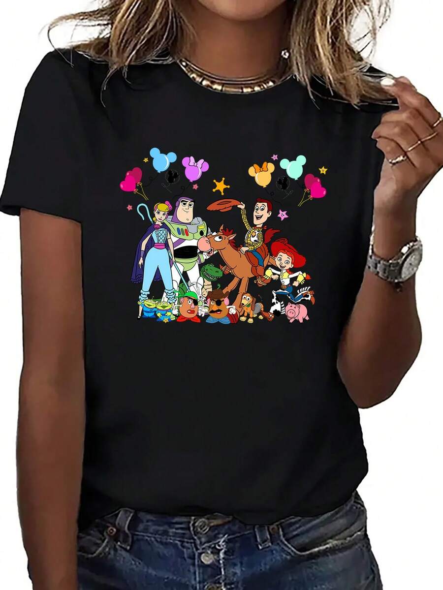 Disney Camiseta holgada con estampado de Buzz Lightyear y Trish del Globo de Toy Story, adecuada para verano y primavera, tops de manga corta, ropa de mujer, regalo de vacaciones y disfraces de fiesta. - Negro - Ver 1