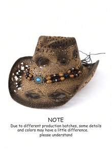 1顶男女通用宝石装饰西部牛仔帽，镂空印花草帽，春夏旅行防晒沙滩帽，休闲遮阳帽（收到产品后，如果帽檐变形，需要手动调整恢复原状） - C - 查看 34