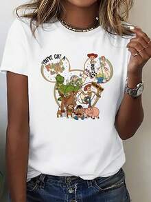 Disney Loose Fit "GOD SAYS THAT I AM..." Toy Story Character Bible Scripture Printed T-Shirt, Suitable For Summer And Spring, Short Sleeved Tops, Women's Clothing, Holiday Gift Party Clothing. - 白色 - 查看 1