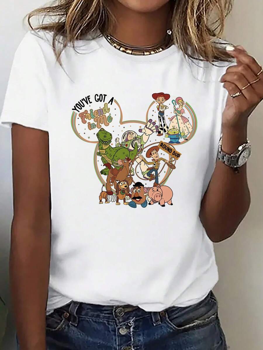 Disney Loose Fit "GOD SAYS THAT I AM..." Toy Story Character Bible Scripture Printed T-Shirt, Suitable For Summer And Spring, Short Sleeved Tops, Women's Clothing, Holiday Gift Party Clothing. - 白色 - 查看 1