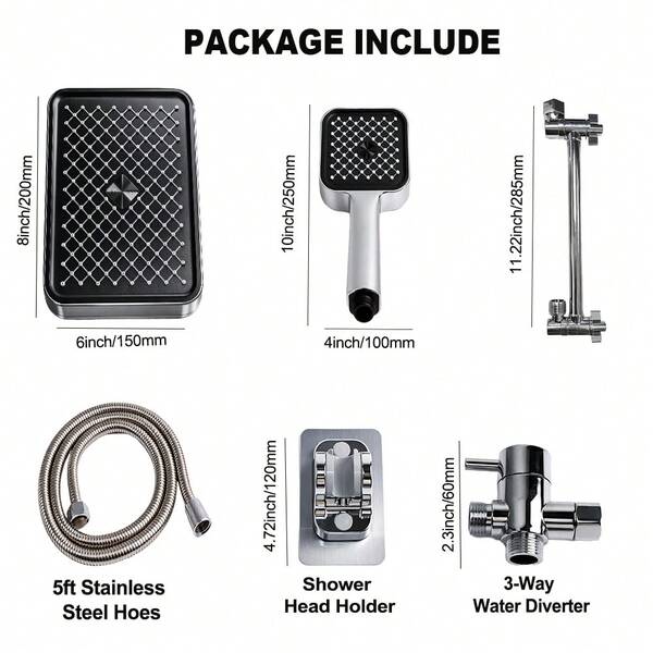 6pcs/Set 8-Inch Square Electroplated Plastic ABS Shower Head Set With Extension Rod And Diverter, Suitable For Bathroom