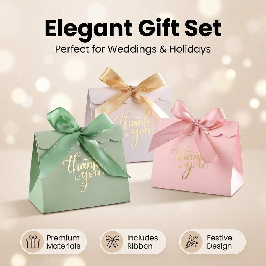50个礼盒+50条丝带，烫金“谢谢”包装套装，适用于婚礼、生日、圣诞节、母亲节及其他派对礼品，适合包装糖果、巧克力、小饰品、化妆品、坚果等，多种颜色礼盒和丝带组合可选。