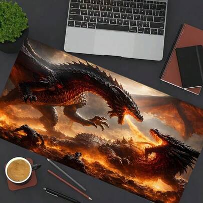 1pc Epic Dragon Battle Large Gaming Mouse Pad,Lava Battlefield Extended Desk Mat,Office Desk Accessories Non-Slip Stitched Edge Computer Mat ,Rubber Base Laptop Keyboard Pad For Home Office & Gamer,Durable And Spill-Resistant