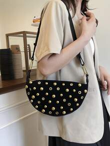 Dedoo 2025 New Fashion Rivet Decor Dumpling Bag, Korean Version Small Clown Casual Matte Unique Shoulder Crossbody Bag, Retro Style Suitable For Commuting, Daily Shopping And Practical Use - Black - View 4