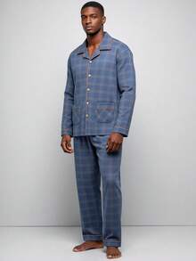 Snug League 男士格子长袖透气吸湿睡衣套装（春秋季），秋冬服装 - 藍色 - 查看 1