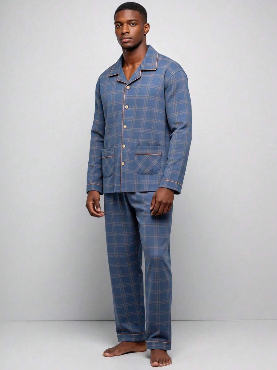 Snug League 男士格子长袖透气吸湿睡衣套装（春秋季），秋冬服装 - 藍色 - 查看 1