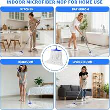 Indoor Cotton Mops For Floor Cleaning - Indoor Cleaning Mop For Wood Floors, Tile, Hardwood Floor, 52" Adjustable Stainless Steel Handle Mops To Clean Living Room, Kitchen,Bathroom (White Blue) - White - 查看 4