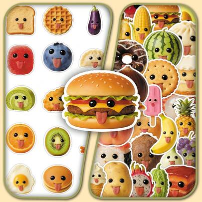 60pcs Abstract Food Anthropomorphic Cute Ghostly Face Decorative Stickers For Refrigerator, Desk, Storage Box