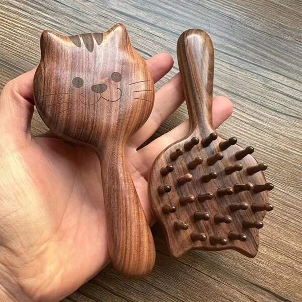 1 pieza Peine de madera con forma de gatito encantador para masaje del cuero cabelludo - Relaja y reconforta