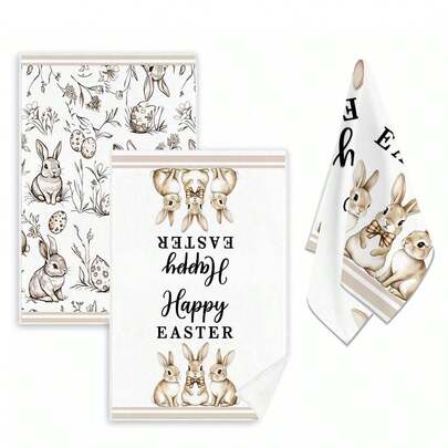 2pcs/Set Countryside Style Cartoon Rabbit Theme Kitchen Towel Set - Suitable For Easter Decoration Cartoon Dwarf Egg Pattern Dishcloth, Retro Style, Machine Washable Indoor/Outdoor Hand Towel, Spring Tabletop Decor And Seasonal Holiday Decoration