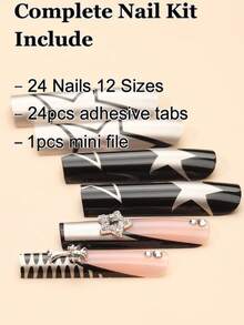 Bộ 24 móng giả hình quan tài siêu dài mới, nhiều màu sắc, kiểu dáng dễ thương dành cho nữ, phụ kiện trang trí 3D, phù hợp cho tiệc tùng, sử dụng hàng ngày, đi học, đi làm. Bao gồm 1 dũa móng và 1 gel dán móng, giúp bạn thêm phần quyến rũ, tuyệt vời cho các lễ hội và sử dụng hàng ngày. - màu đen - Xem 4