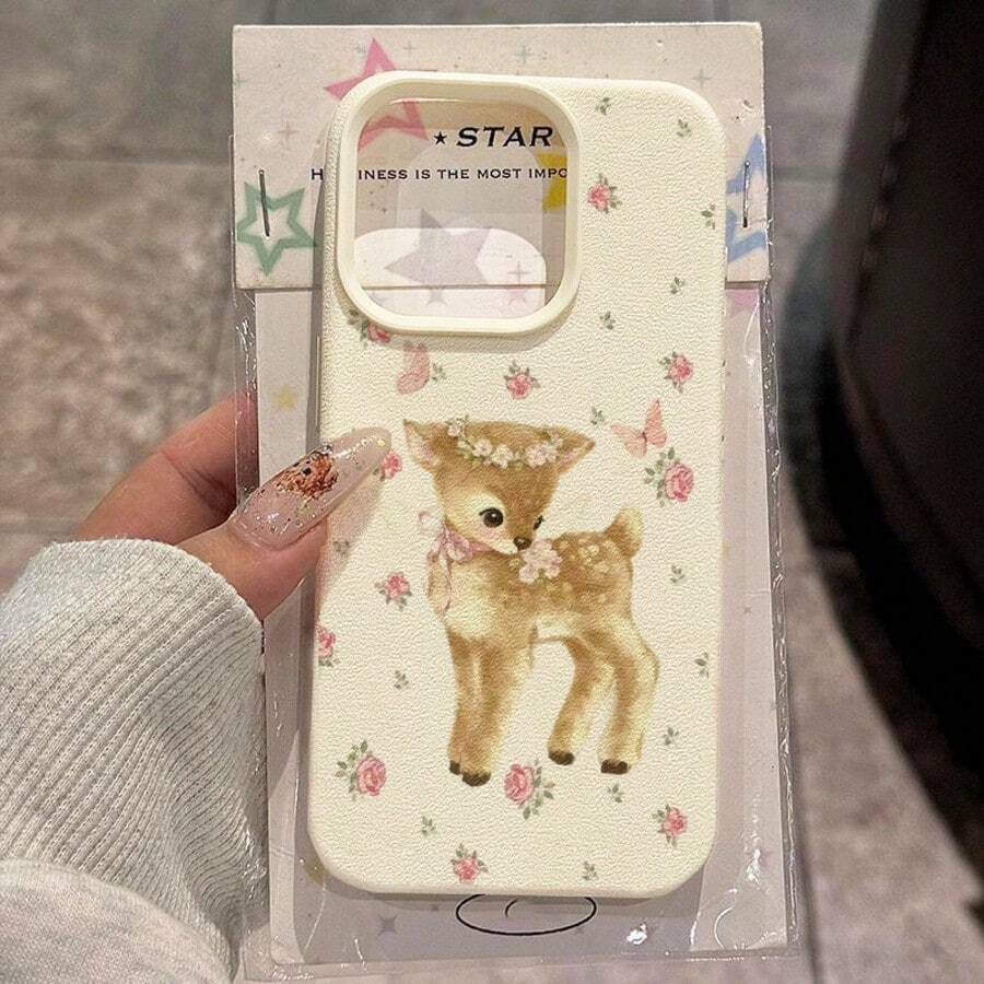 1个TPU材质软壳,蝴蝶结小鹿粉色玫瑰图案,适用于 17 Pro Max/17/16 Pro Max/15/13/12/11、S20 FE/A15/S24/A55、Note 11/Note 12/Note 13 Pro,全包防摔软壳保护套,国际版,非国内版 - 白色 - 查看 1