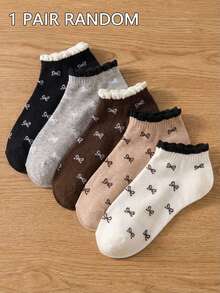 5双装女士透气可爱蝴蝶结图案休闲短袜，适合日常穿着和外出，四季皆宜 - 彩色 - 查看 6