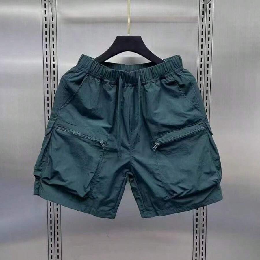 Summer Lightweight Outdoor Cargo Shorts For Men, Loose Fit, Casual Five-Point Pants, Quick-Drying, Outer Wear, Pockets, Zipper, Breathable Mid-Length Shorts - 木綠色 - 查看 1