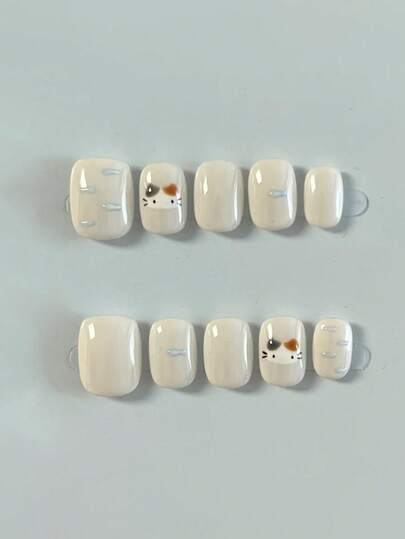 10pcs Pure Handmade Press On Nails Short Nails Oval Nails White Nails Cute And Soft Style, Milky White Paired With Hand-Painted Cat And Fish Patterns, Playful And Minimalist Press-On Nails For Women And Girl,Spring Summer Fall Winter Festivals Party And Daily Life Use