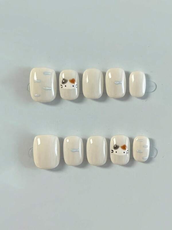 10pcs Pure Handmade Press On Nails Short Nails Oval Nails White Nails Cute And Soft Style, Milky White Paired With Hand-Painted Cat And Fish Patterns, Playful And Minimalist Press-On Nails For Women And Girl,Spring Summer Fall Winter Festivals Party And Daily Life Use