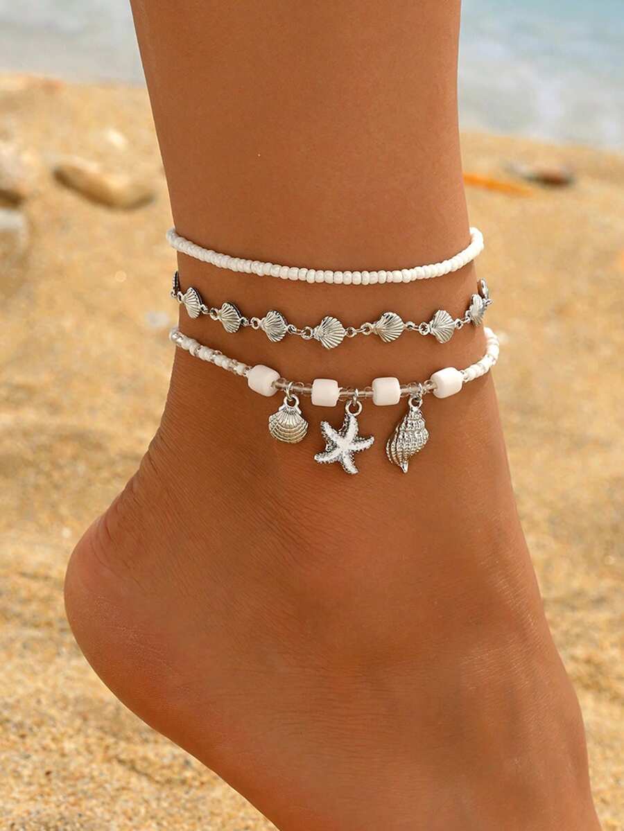 3pcs Bohemian Style Shell & Starfish Beaded Anklet Set For Girls, Beach Fashion Anklet With Random Bead Placement - Multicolor - View 1