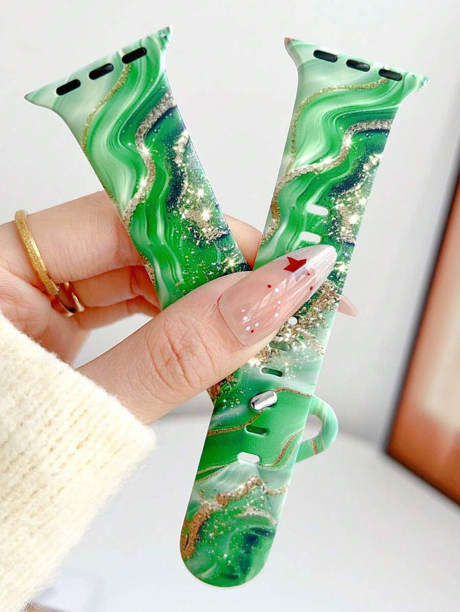 1条时尚新款彩色大理石纹硅胶表带，适用于 38mm 40mm 41mm 42mm 44mm 45mm 49mm (S10 42mm) (S10 46mm)，时尚柔软硅胶运动表带，适用于 Ultra 2 S10 SE 9 8 7 SE 6 5 4 3 2 1系列，适合搭配各种服饰，日常佩戴，假日休闲。 - 綠色 - 查看 1