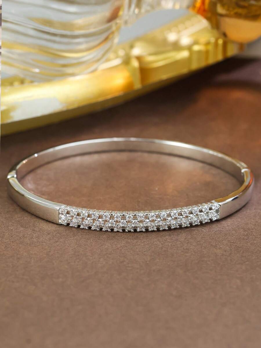 1pc S925 Silver Minimalist Bracelet, Inlaid With 5A Zirconia, Hollow Design, Lustrous And Sparkling, Suitable For Daily Commute, Dating, Valentine's Day, Eid, St. Patrick's Day, Carnival - Silver - View 1