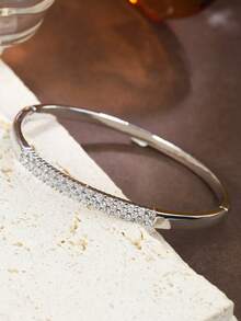 1pc S925 Silver Minimalist Bracelet, Inlaid With 5A Zirconia, Hollow Design, Lustrous And Sparkling, Suitable For Daily Commute, Dating, Valentine's Day, Eid, St. Patrick's Day, Carnival - Silver - View 4