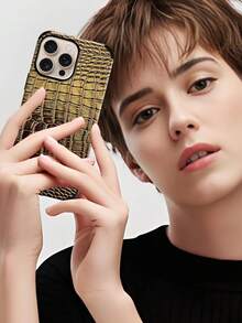 1pc Crocodile Skin Pattern Shock-Proof Leather Phone Case With Sound Amplifier Design, Suitable For IPhone 17/16/15/14/13/12/11, Holiday Gift - Rose Gold - View 8