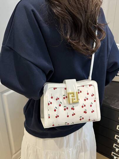 1个女士纯色刺绣樱桃印花拉链休闲单肩斜挎包，适合购物、旅行和拜访朋友