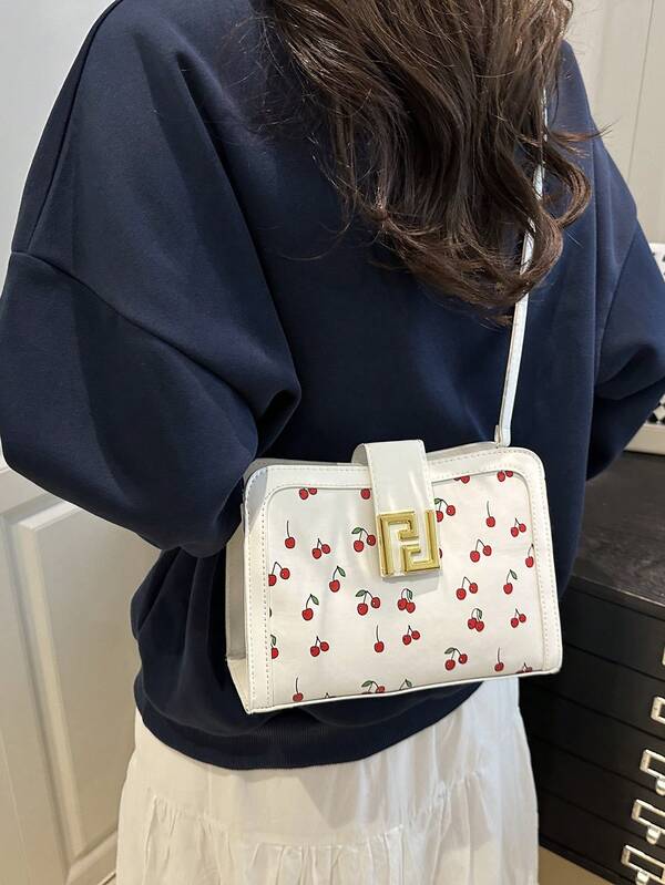1pc Women's Solid Color Embroidered Cherry Print Zipper Closure Casual Shoulder Crossbody Bag, Suitable For Shopping, Travel, And Visiting Friends