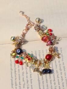 1pc Leopard Print Billiard Ball Charm Bracelet, 1pc Cherry Cross Music Festival Bracelet, 1pc Leopard Print Star Girl Bracelet - Silver - View 10