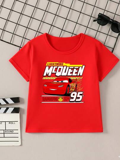  Camiseta para niños de 4 a 12 años de 100% algodón, cuello redondo y manga corta, excelente calidad, cómoda y suave al tacto, con estampado Original de DISNEY con diseño de "Cars La película" Rayo Mcqueen, coche Deportivo Rojo caricatura