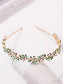 1pc Women's Fashion Princess Crown, Sweet Crystal Birthday Hair Accessory, Retro Crystal Tiara, Bridal Aluminum Alloy Headpiece, Delicate Minimalist French Leaf Headband - Mint Green - View 4