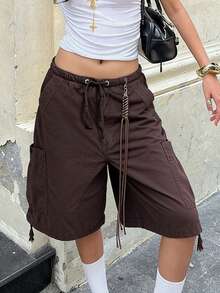 Womens Baggy Mid Jeans Y2k Cargo Jeans Casual Drawstring High Waist Denim Cargo Pants With Pockets Streetwear - 巧克力棕 - 查看 4
