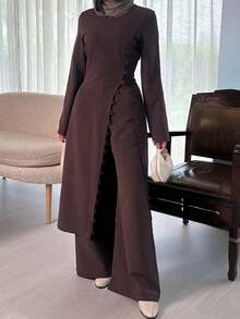 2pcs Women's Elegant Solid Color Top And Pants Set, Casual Commuter Outfit With Slit - Purple - View 7