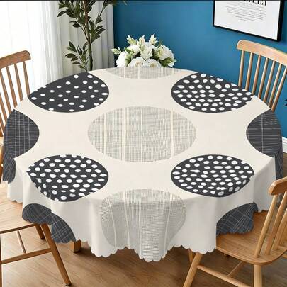 1pc Nordic Style Polka Dot & Grid Patchwork Round Tablecloth, Ruffled Edge, Polyester & Polyester Fiber Material, Stain Resistant, Suitable For Family Dining, Easter Party, Indoor/Outdoor Wedding, Picnic