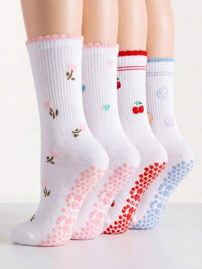 1 Pair Women's Cartoon Pattern Cute Pilates Socks With Non-Slip Dots, Suitable For Dance Studio And Indoor Sports