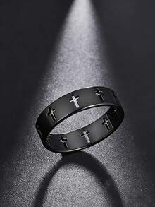 Set de 3 anillos de acero inoxidable con cruz versátil y elegante para hombres, con decoración giratoria y retorcida en negro, unisex, adecuado para uso diario, festivales, joyería, compromiso y regalos de boda - Negro - Ver 4