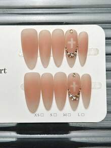 10片手工椭圆形亚克力按压式美甲片，中号哑光粉色，十字美甲宝石镶嵌小水钻，前卫优雅简约春季假指甲，夏季美甲，适合派对、日常、约会、海滩、热带度假等场合，DIY美甲，适合女性和女孩作为礼物美甲用品 - 粉色 - 查看 2