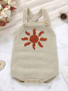 1pc Baby Girl Solid Color Sleeveless Bodysuit, Baby Girls Can Wear White Short Sleeve Underneath, Cute Sun Pattern Knit Bodysuit - Khaki - View 4