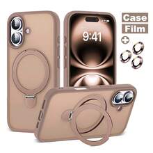 1pc Brown Soft-Touch Matte Magnetic Pivot Bracket With Alloy Lens Film, PC+Silicone TPU 2-In-1 With Hidden Rotatable Magnetic Metal Foldable Ring Holder, Ultra-Thin Shock-Proof Semi-Transparent Anti-Fingerprint Airbag Phone Case Compatible With Apple 17e/17pro/17promax/Air/17/16pro/16promax/16plus/16/16E/SE4/15pro/15promax/15plus/15/14pro/14promax/14plus/14/13pro/13promax/13/12pro/12promax/12/11promax/11 - Mocha Brown - View 3