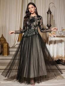 Women's Elegant Long Dress With Sheer Mesh, Floral Embroidery, And Sequin Accents, Suitable For Daily Wear, Parties, And Weddings Spring Party Black - Black - View 3