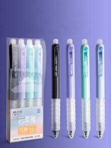 4pcs Minimalist Erasable Ballpoint Pens, 0.5mm Blue Ink, Soft Grip, Solid Color Push-Button, Suitable For Study, Office, Exam And Back To School Season - Gel Pen - View 4