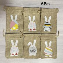 6/12pcs Easter Burlap Drawstring Bags, Easter Burlap Drawstring Bags, Rabbit Pattern Linen Gift Bags, Double Layer Burlap Drawstring, Easter Bags, Burlap Easter Rabbit Bags (Cartoon Style) - Multicolor - View 7